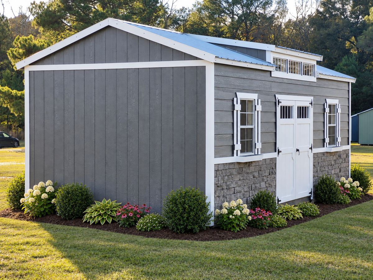 12×20 Utility Legacy: Gray lap siding, stone wainscot, transom dormer and white double doors.
