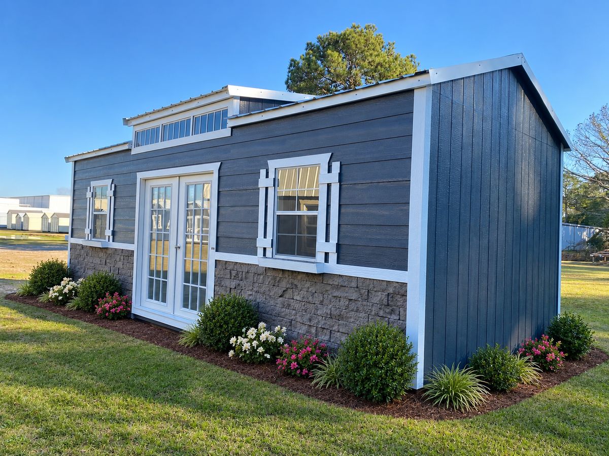 12×24 Utility Legacy: Navy lap siding, stone front, transom dormer and French doors.