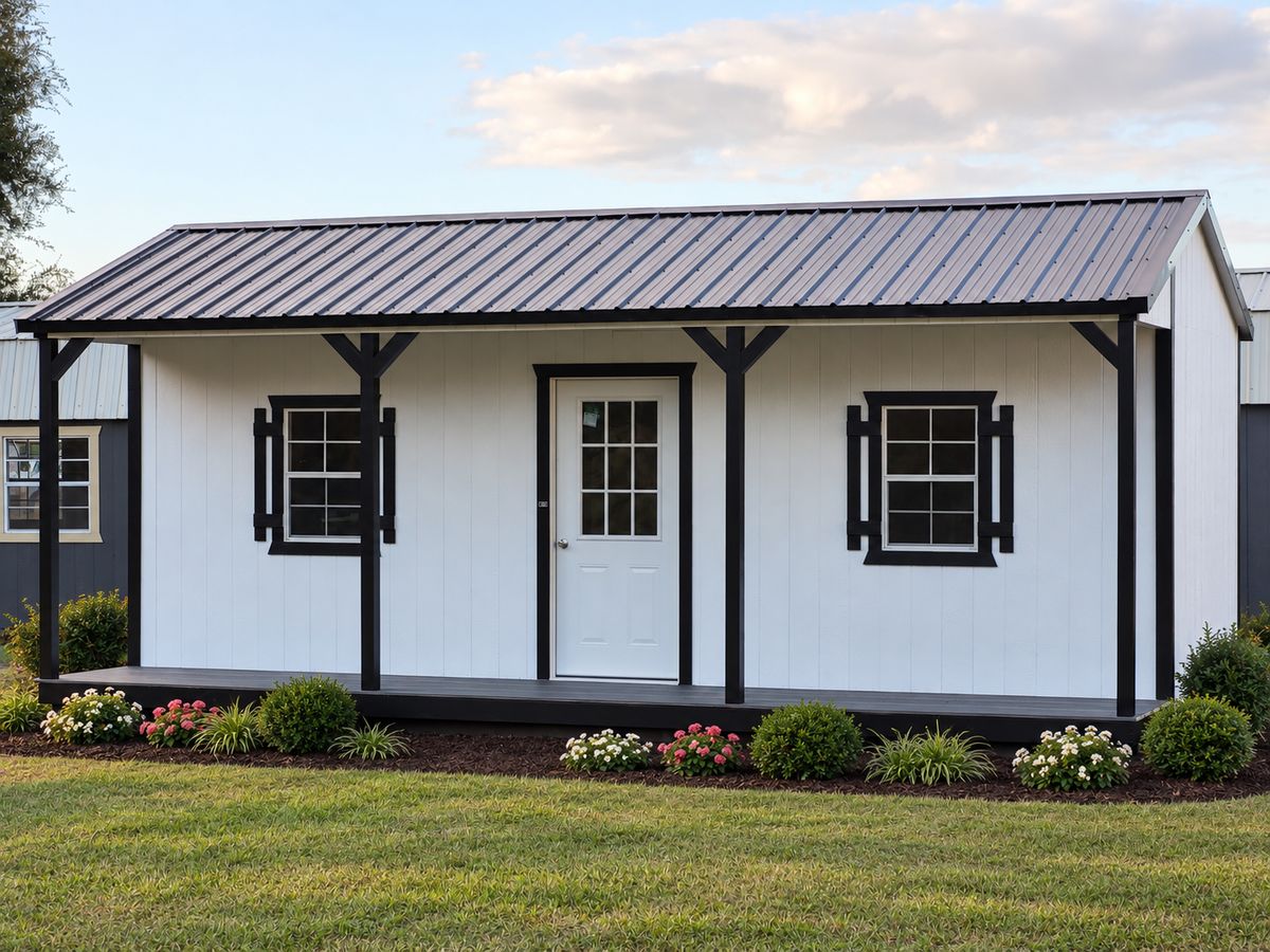 Utility with Porch: White siding, black trim and a full-length covered porch under a black metal roof.