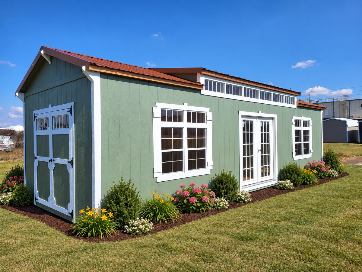 12×32 Utility Legacy: Sage green, full-length transom dormer, French doors and extra windows.