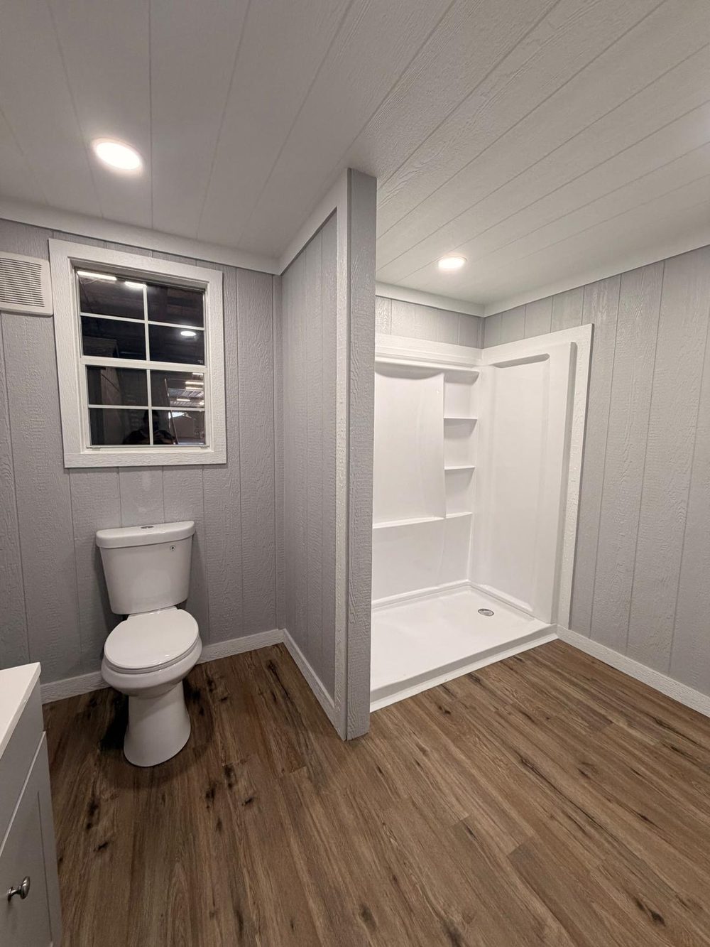 Bathroom with window, toilet and walk-in shower